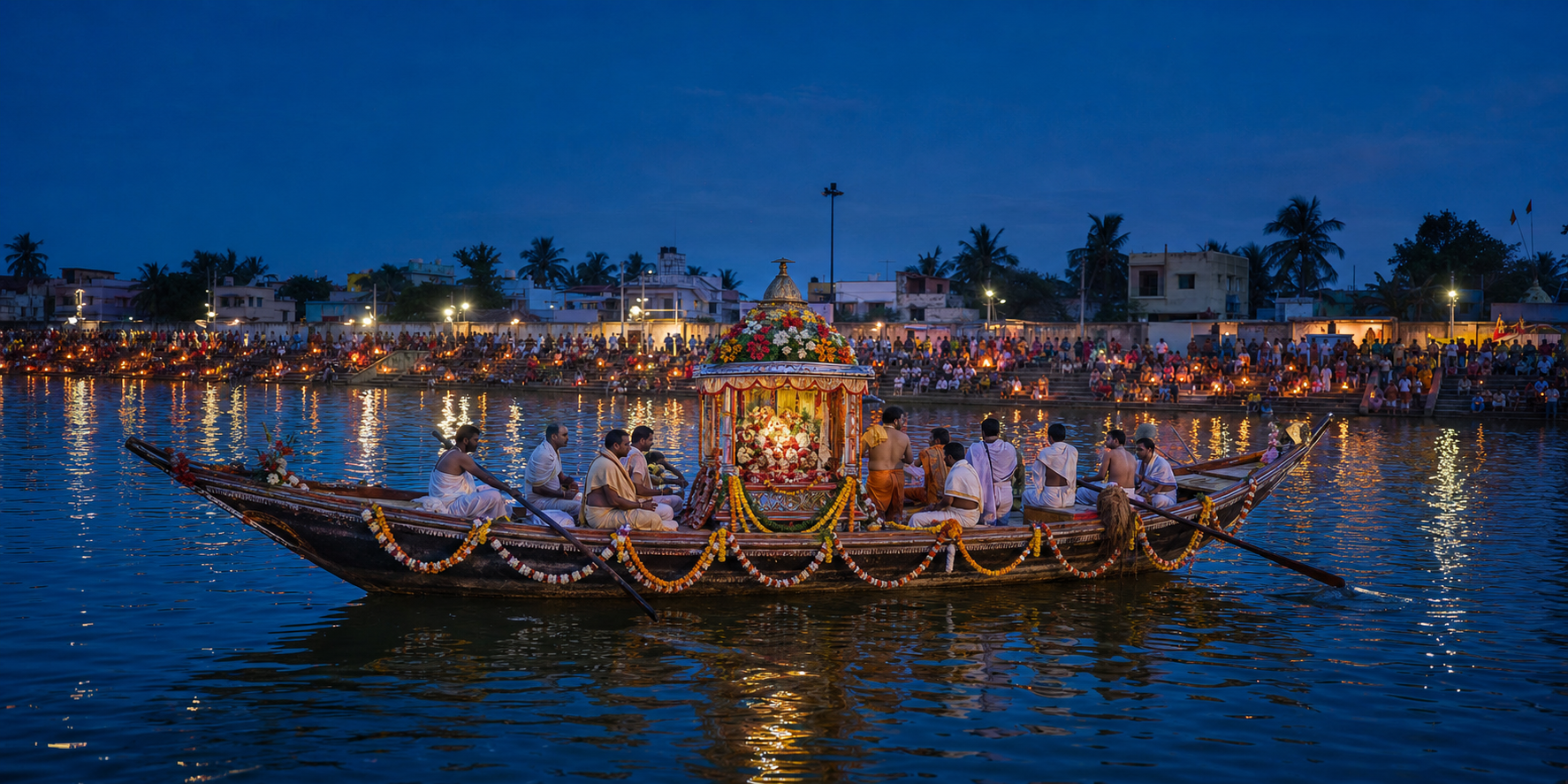 A flower-decorated ceremonial boat carrying a covered shrine crosses Narendra Sarovara at dusk as temple servitors attend and devotees watch from the ghats.