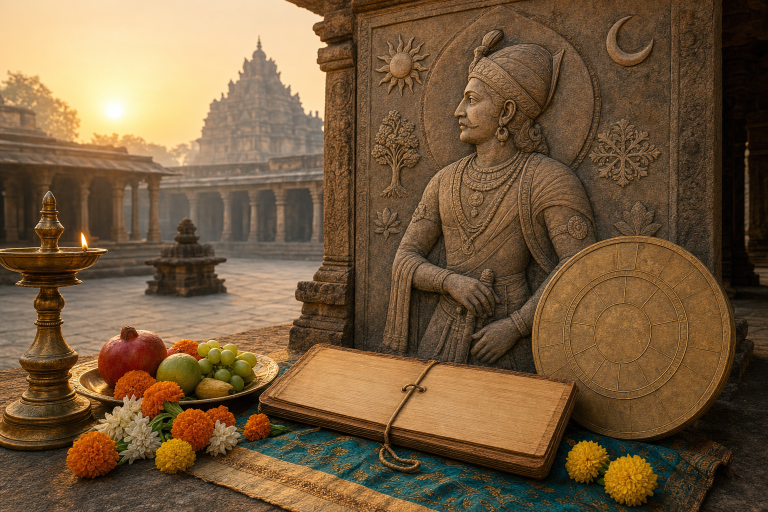 A temple courtyard arrangement with an oil lamp, marigolds, fruit, a palm-leaf manuscript, an astronomical disk, and a symbolic stone relief of an ancient Deccan ruler.