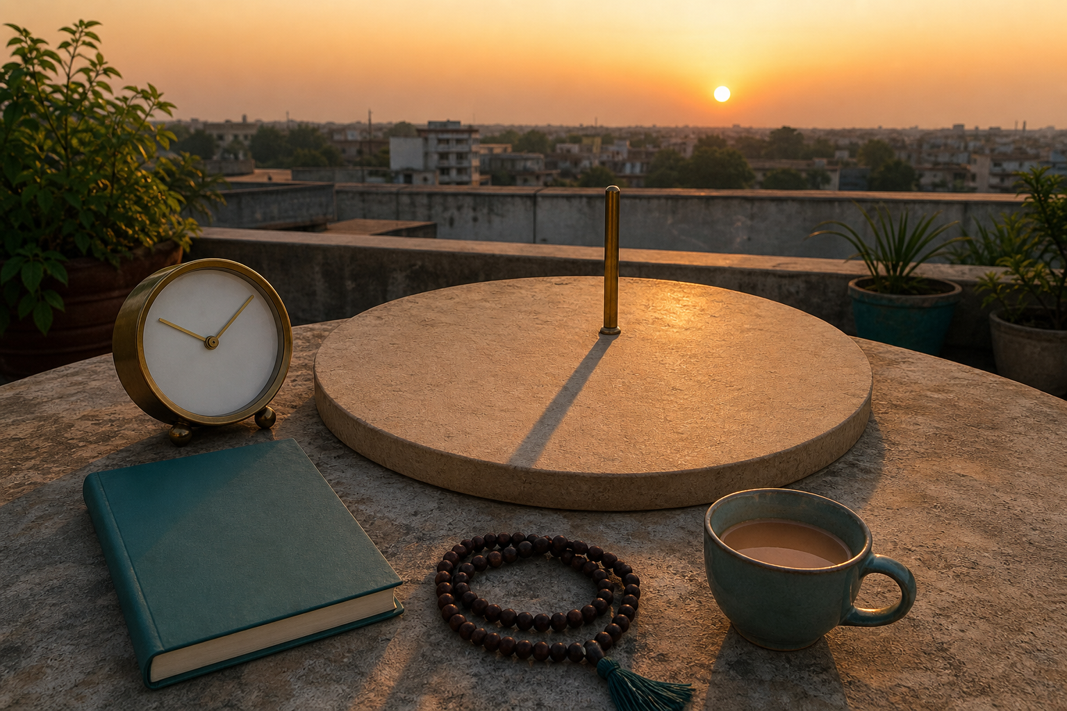 Sunrise casts a long shadow from a brass gnomon beside a blank notebook, prayer beads, a plain clock, and a cup of tea.