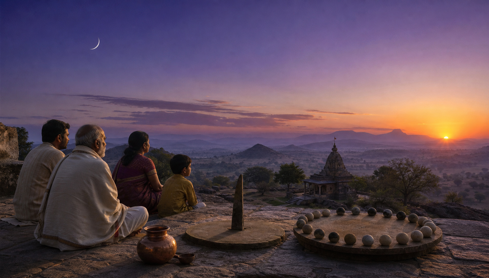 A family and priest observe the moon before sunrise from a stone terrace with an unmarked lunar-phase model and a simple gnomon.