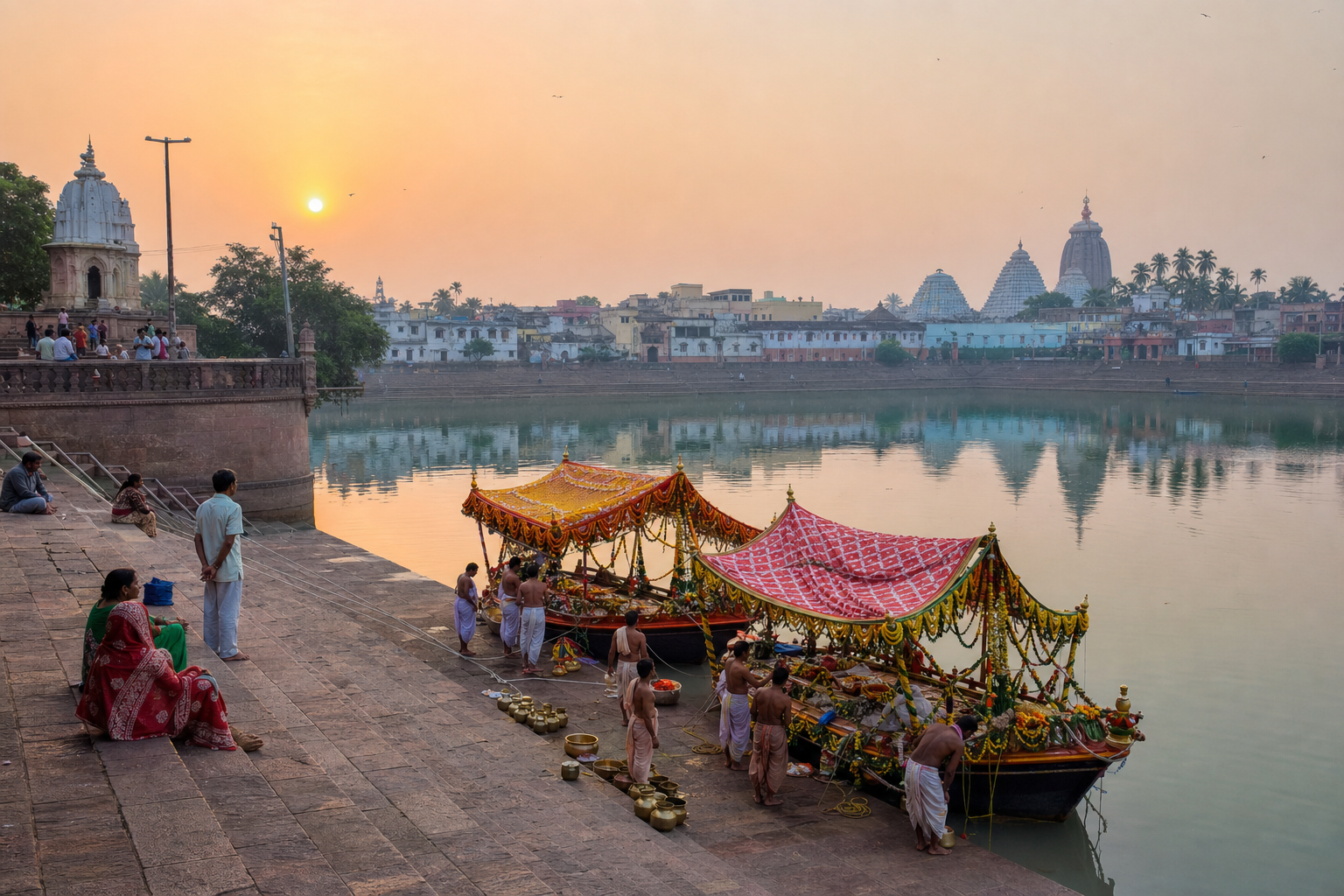 Temple servitors prepare flower-decorated ceremonial boats beside the stone ghats of Narendra Sarovara in the early morning.