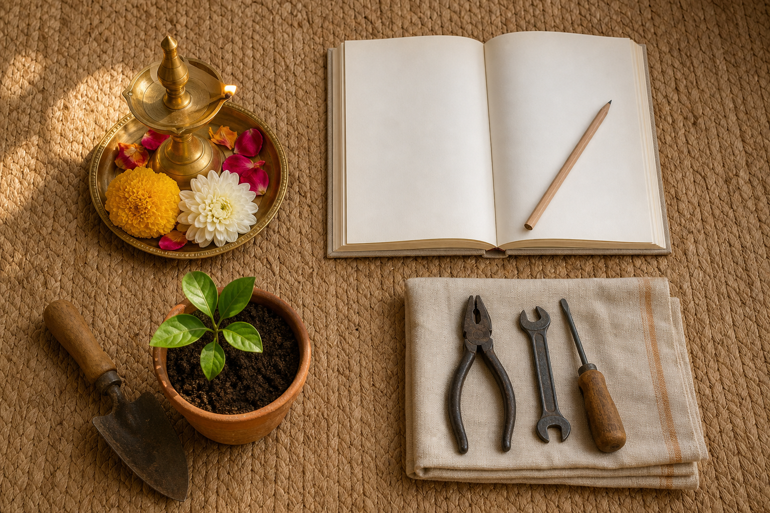 A brass lamp, flowers, blank book, seedling, fabric, and hand tools arranged as symbols of worship, study, beginnings, and practical work.