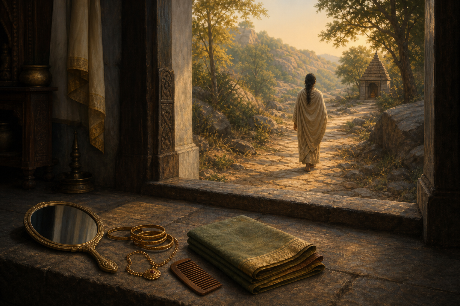 A barefoot woman walks from a shaded household threshold toward a forest path, leaving jewelry, a mirror, and folded cloth on a stone step.