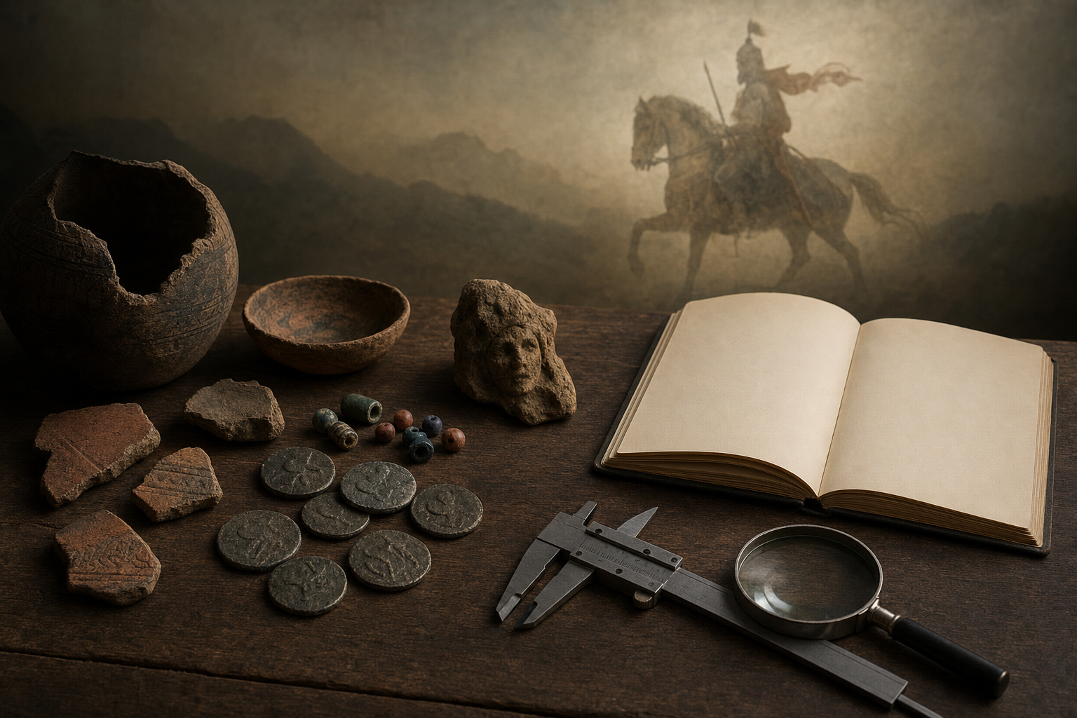 Ancient-style coins, pottery fragments, beads, tools, and a blank field notebook sit before a faint symbolic silhouette of a royal horseman.