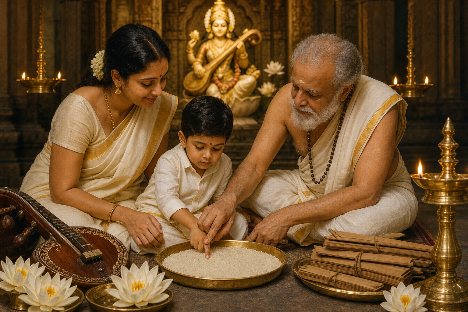 A teacher guides a child's finger through a tray of rice during an Aksharabhyasam ceremony beside lamps, flowers, a veena, and a Saraswathi shrine.