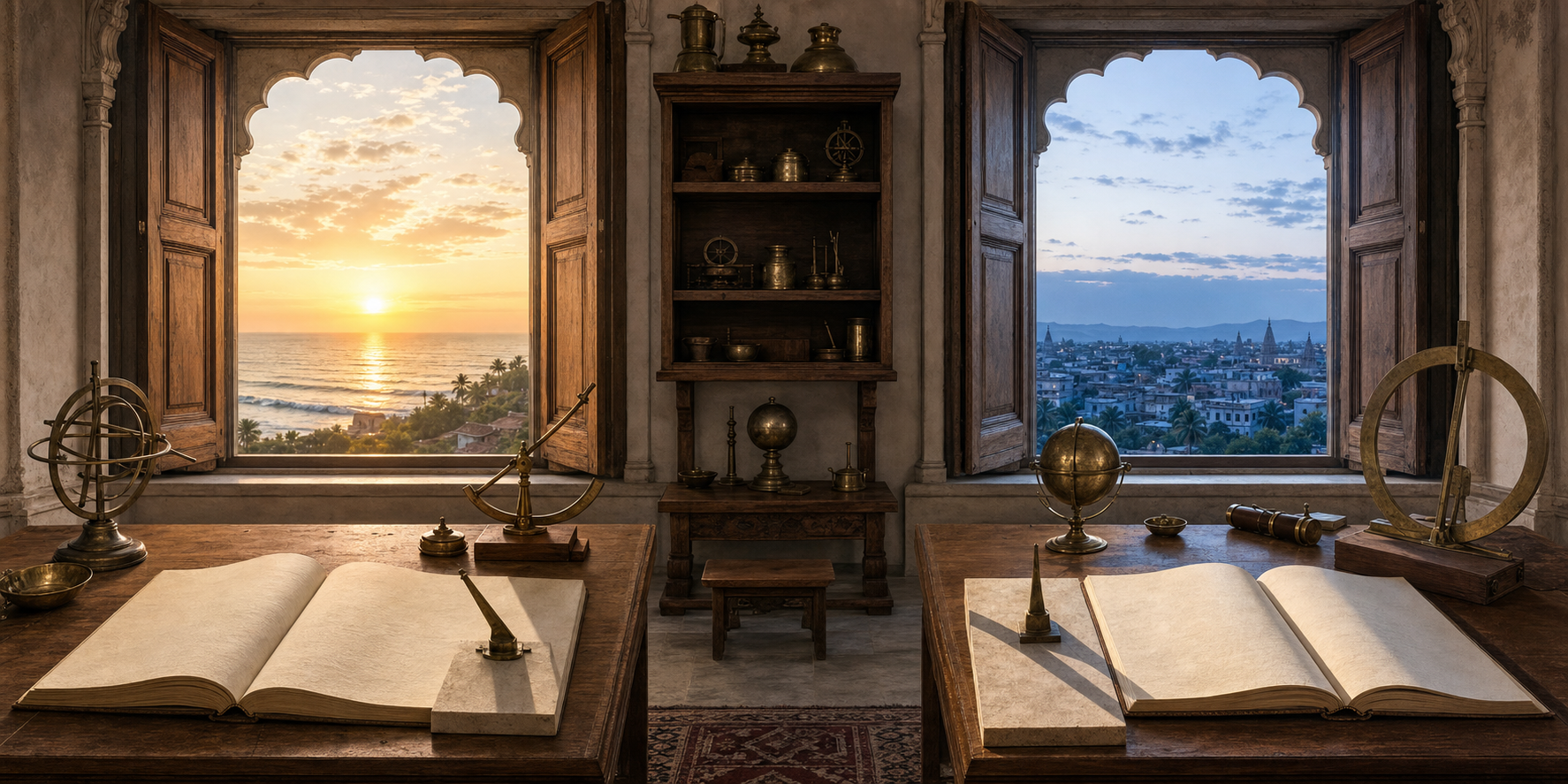 Two side-by-side almanac workstations face different local horizons, one at a coastal sunrise and the other in cooler inland morning light.