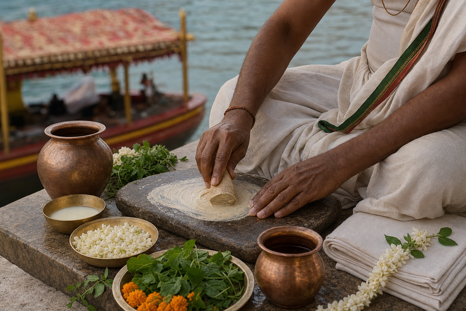 Temple servitors prepare sandalwood paste, flowers, leaves and brass ritual vessels beside a ceremonial boat at Narendra Sarovara.