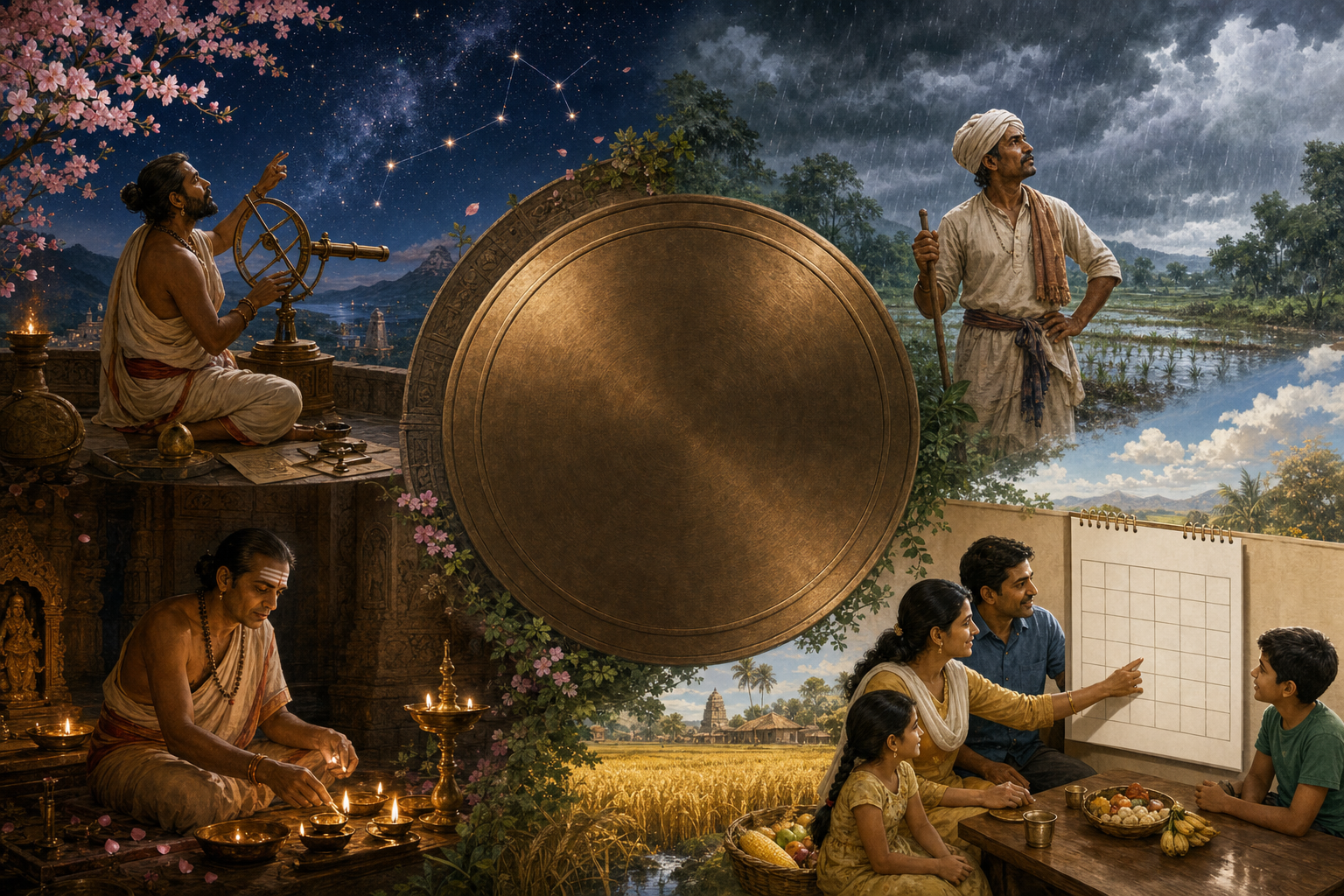 An astronomer, farmer, temple caretaker, and modern family appear around an unmarked timekeeping wheel amid changing seasonal landscapes.