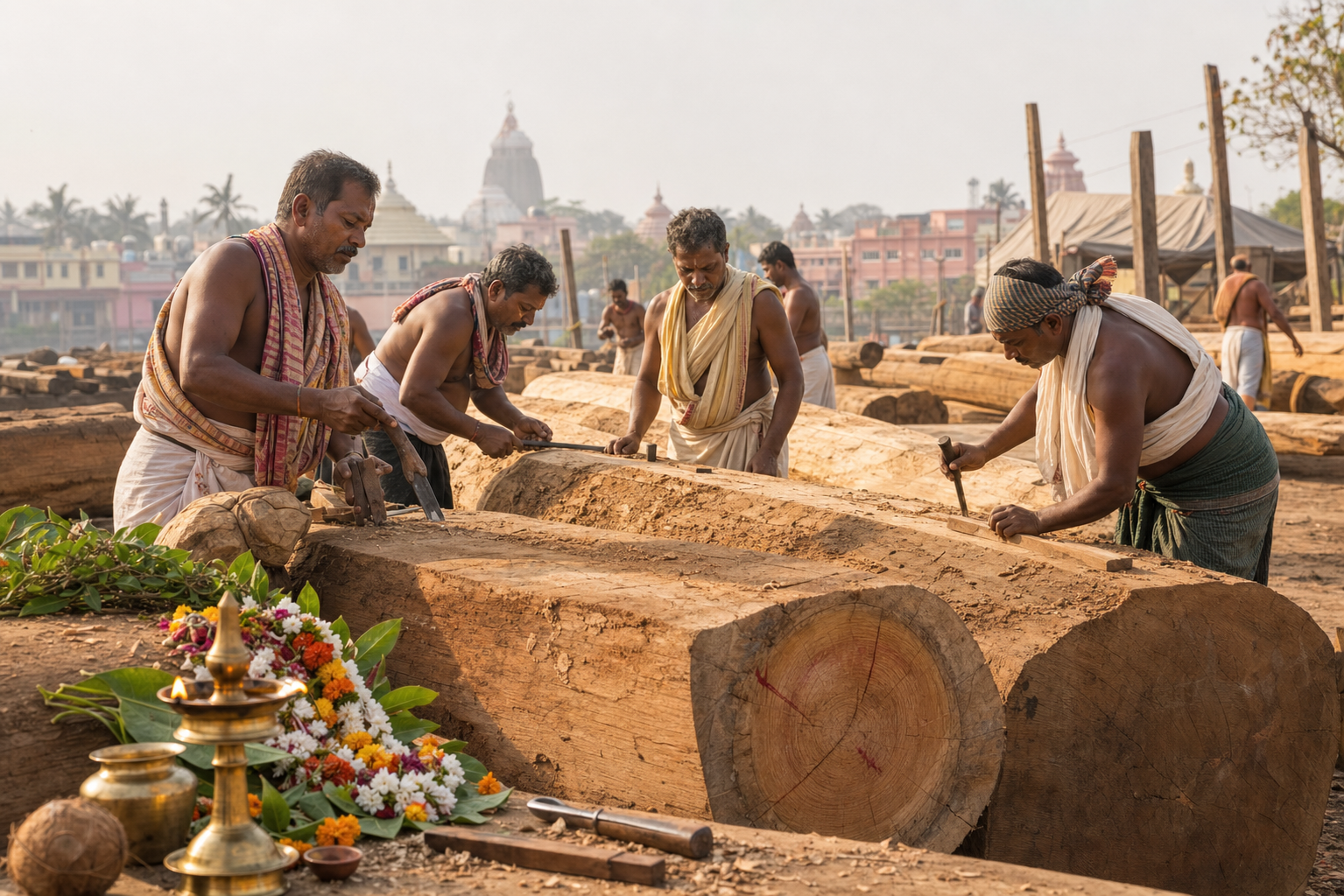 Traditional carpenters begin ceremonial work on large timber logs for Puri's Rath Yatra chariots beside flowers and brass ritual vessels.