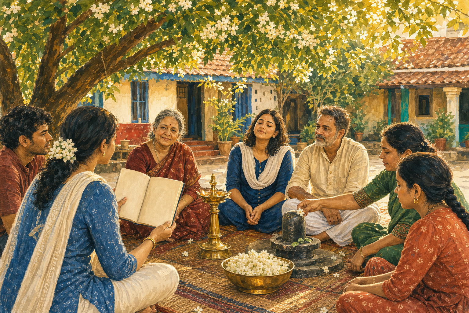 People of different ages gather around an oil lamp, jasmine flowers, an open book, and a small stone Shiva linga in a Karnataka courtyard.