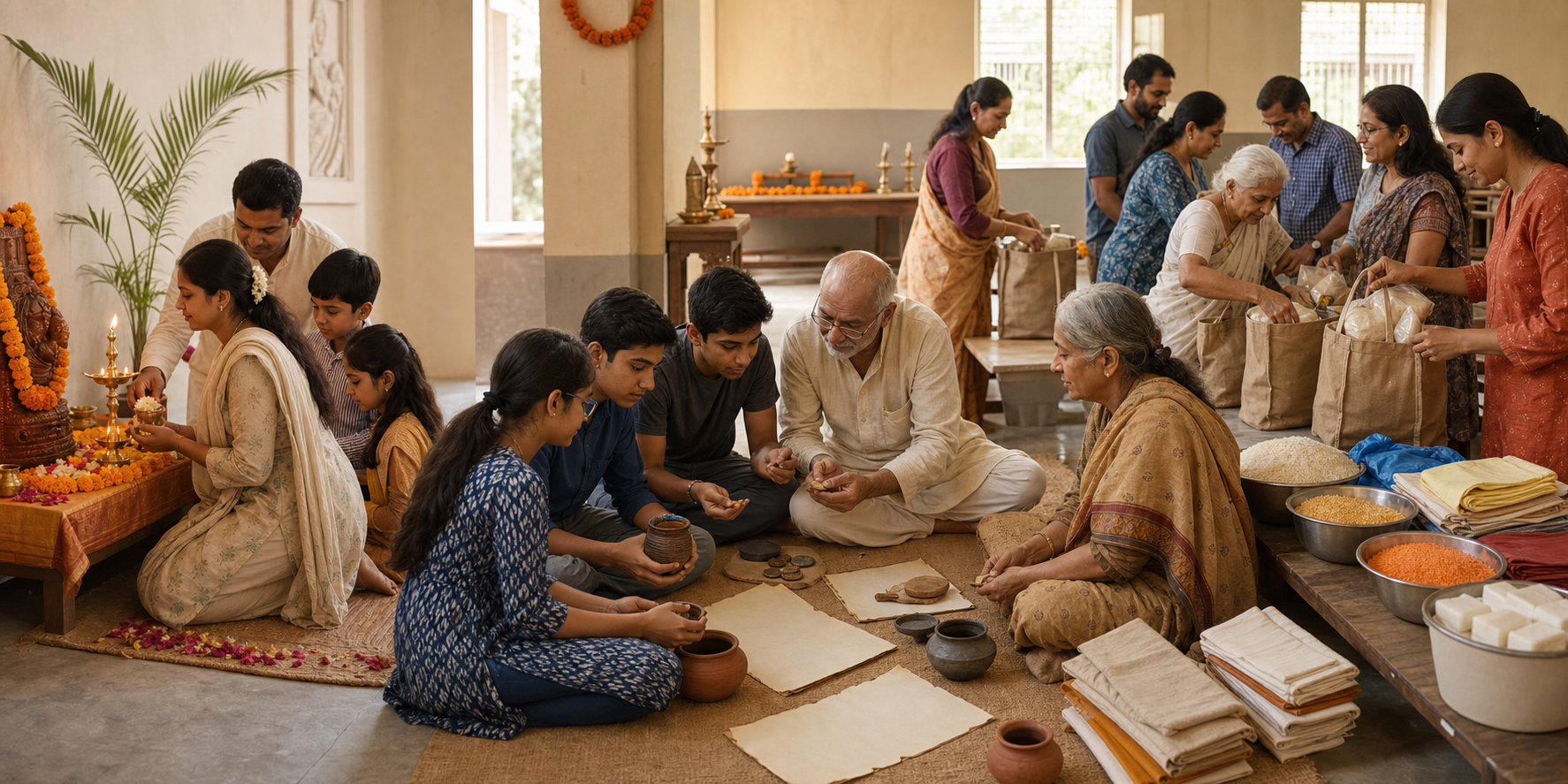 Families worship with flowers and a lamp while others study replica artifacts and pack food and household supplies for community service.