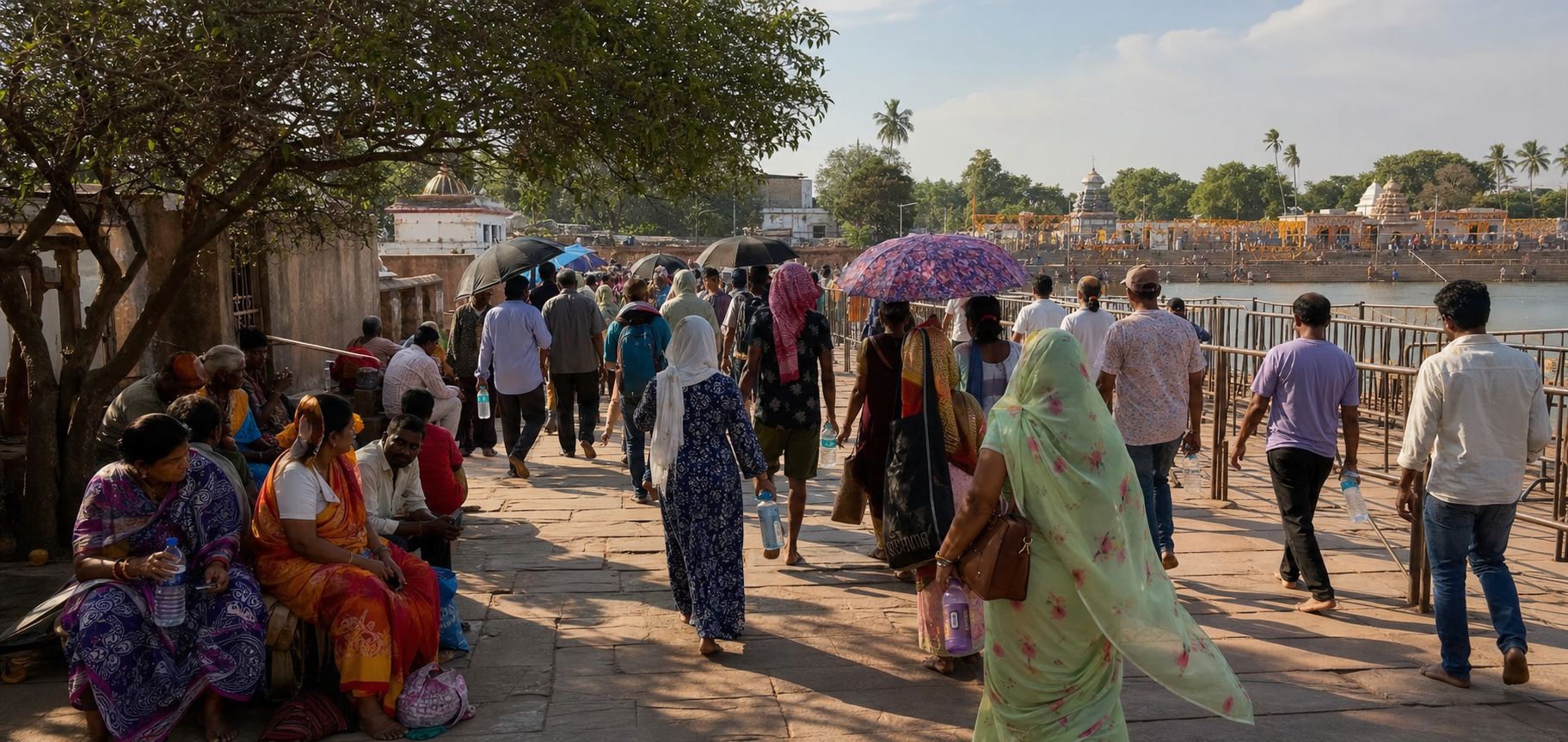 Pilgrims carrying umbrellas and water bottles follow a railed approach toward Narendra Sarovara during a hot afternoon in Puri.