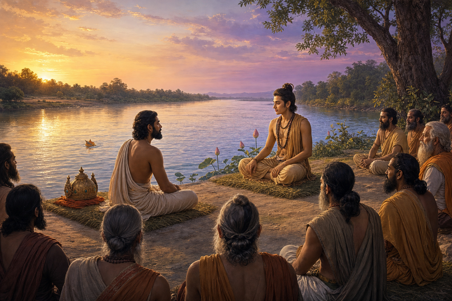 King Parikshit listens to the sage Shuka on a grass mat beside a river while other sages gather around them at sunset.