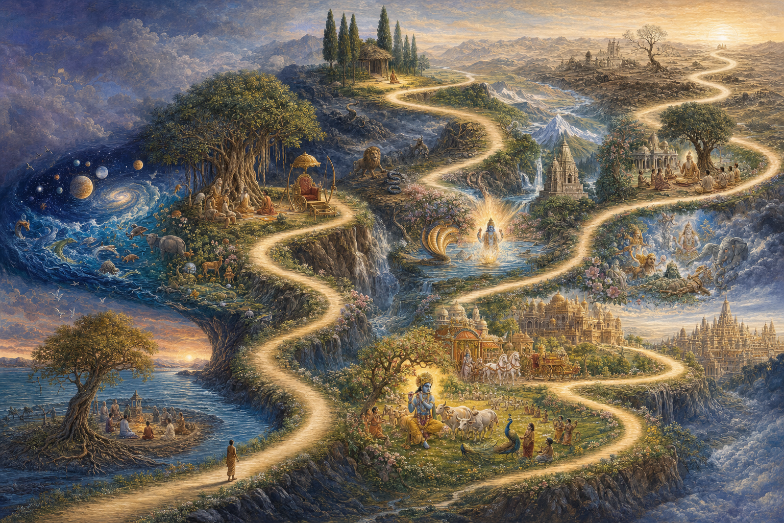 A pilgrim follows a continuous ascending path across twelve connected terraces containing scenes of creation, kings, sacred landscapes, devotion, Krishna, teaching, and cosmic decline.