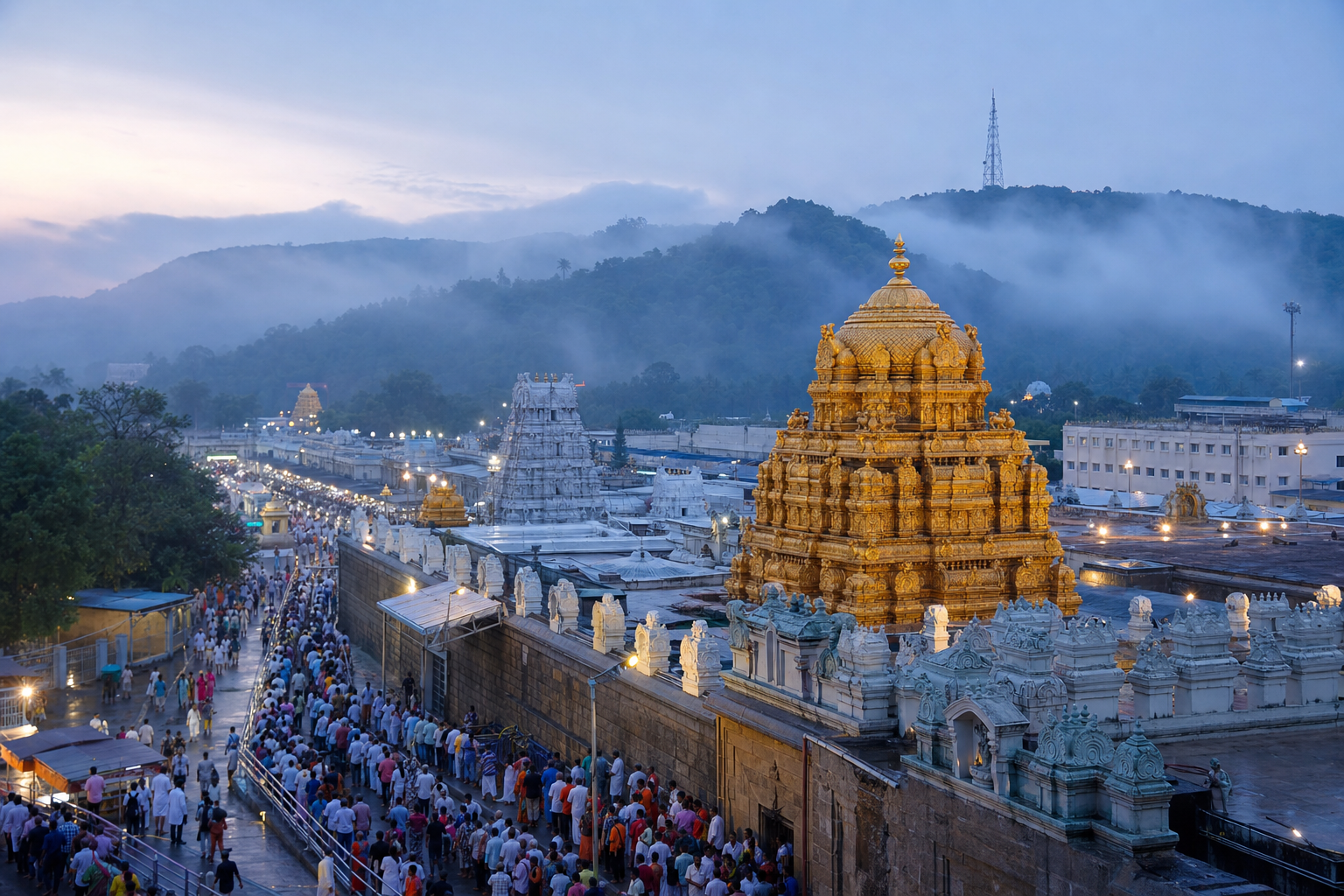 Pilgrims approach the Tirumala temple complex at dawn as its golden vimana rises above the surrounding hills.
