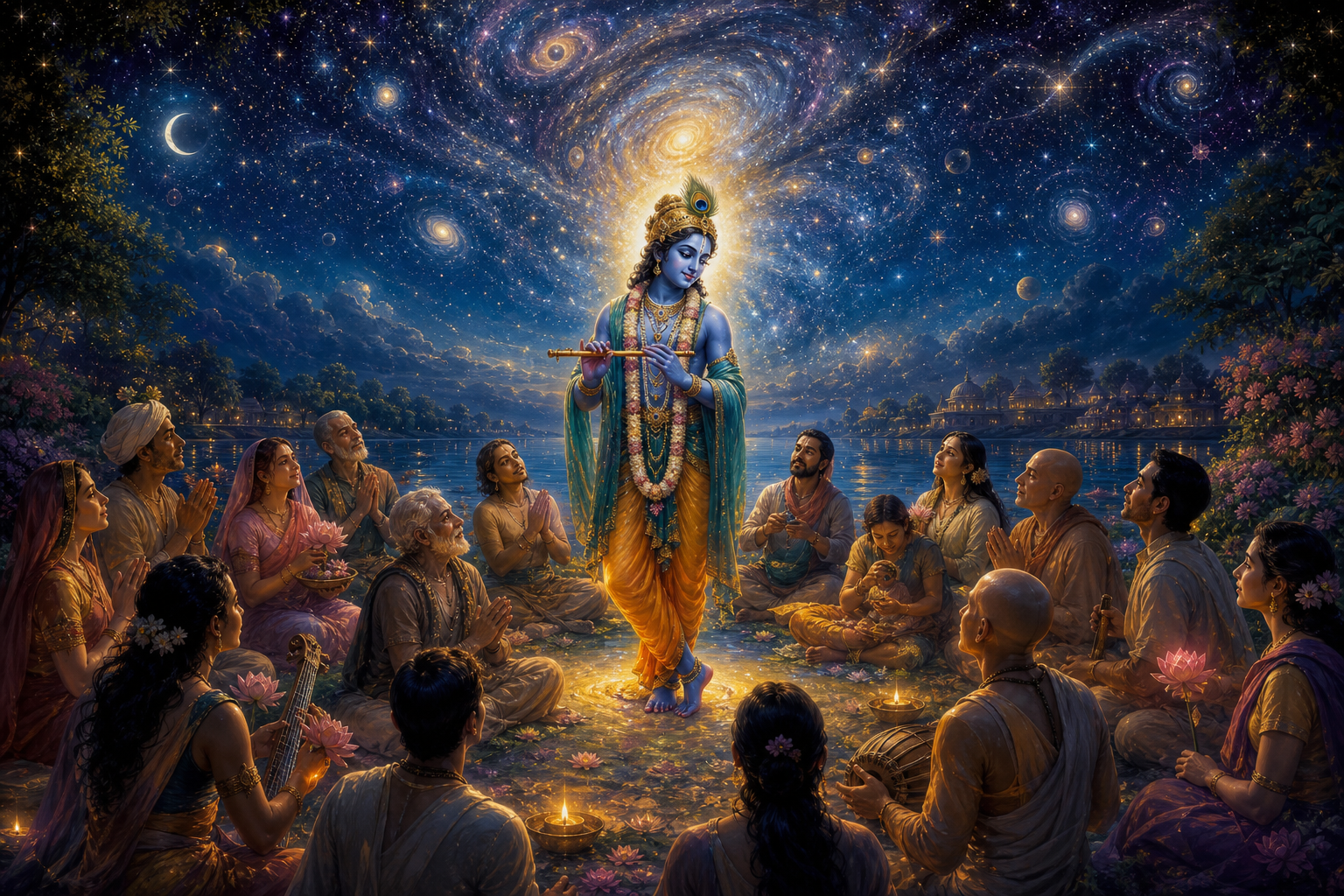Krishna stands beneath a star-filled sky as his radiance extends into the cosmos and illuminates devotees offering prayer, flowers, music, meditation, and service.