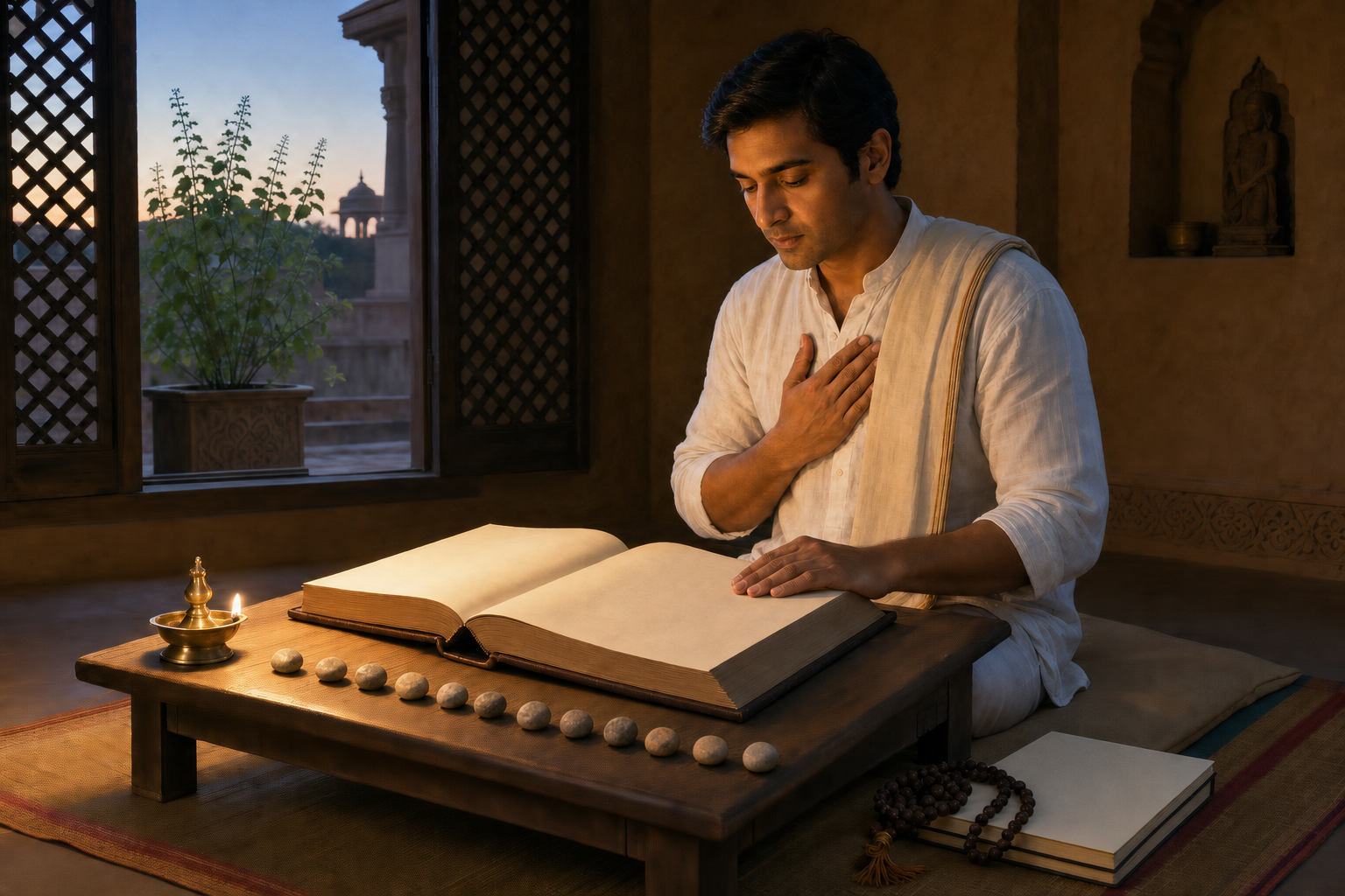 A reader studies an open book at a low desk beside prayer beads, a blank notebook, an oil lamp, and a row of twelve small stones before dawn.