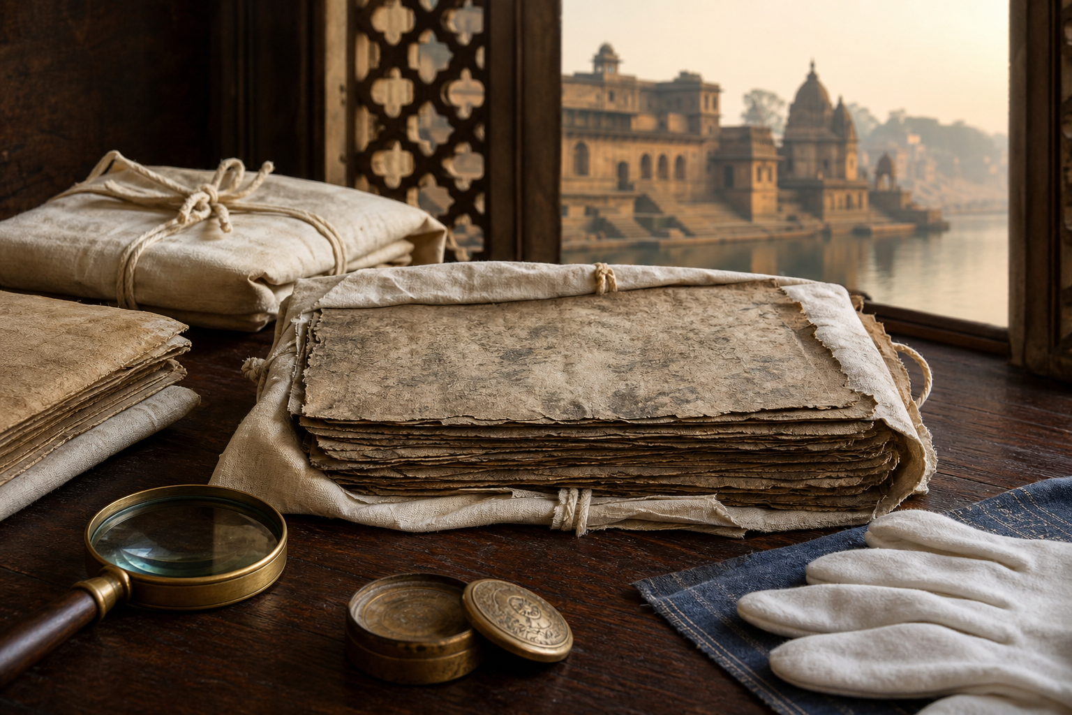 Wrapped handmade-paper folios, conservation gloves, a brass seal box, and a magnifying lens on a wooden table overlooking riverside stone architecture.
