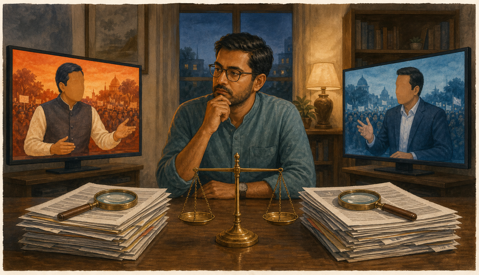 A reader compares two generic news broadcasts at a desk with equal stacks of source material, a magnifying glass, and a level brass balance.