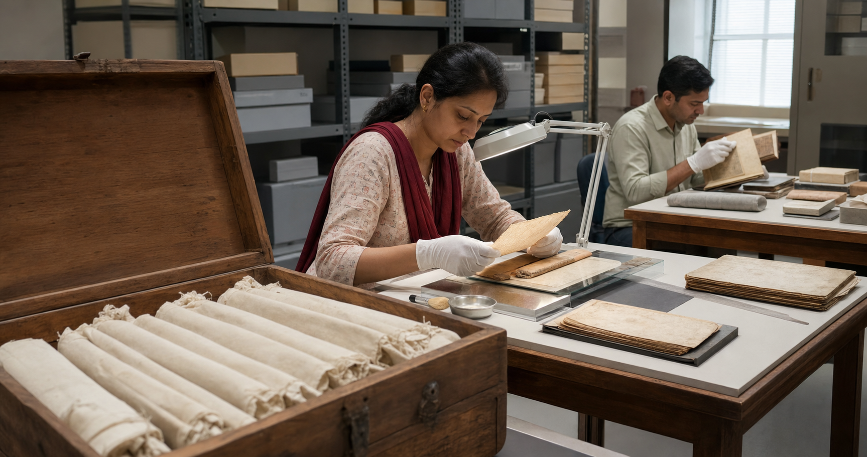 Researchers in a conservation room open stored folio bundles, examine handmade paper, and compare archival materials at separate worktables.