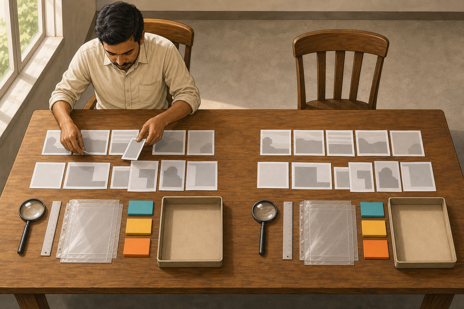 A reader sorts matching sets of blank news clippings and source materials into two parallel rows on an orderly desk.