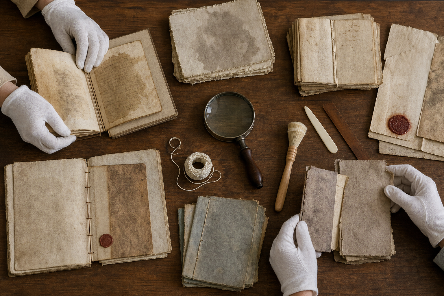 Gloved researchers sort aged folios by differences in paper, stitching, wear, ink density, and seals on an archival worktable.