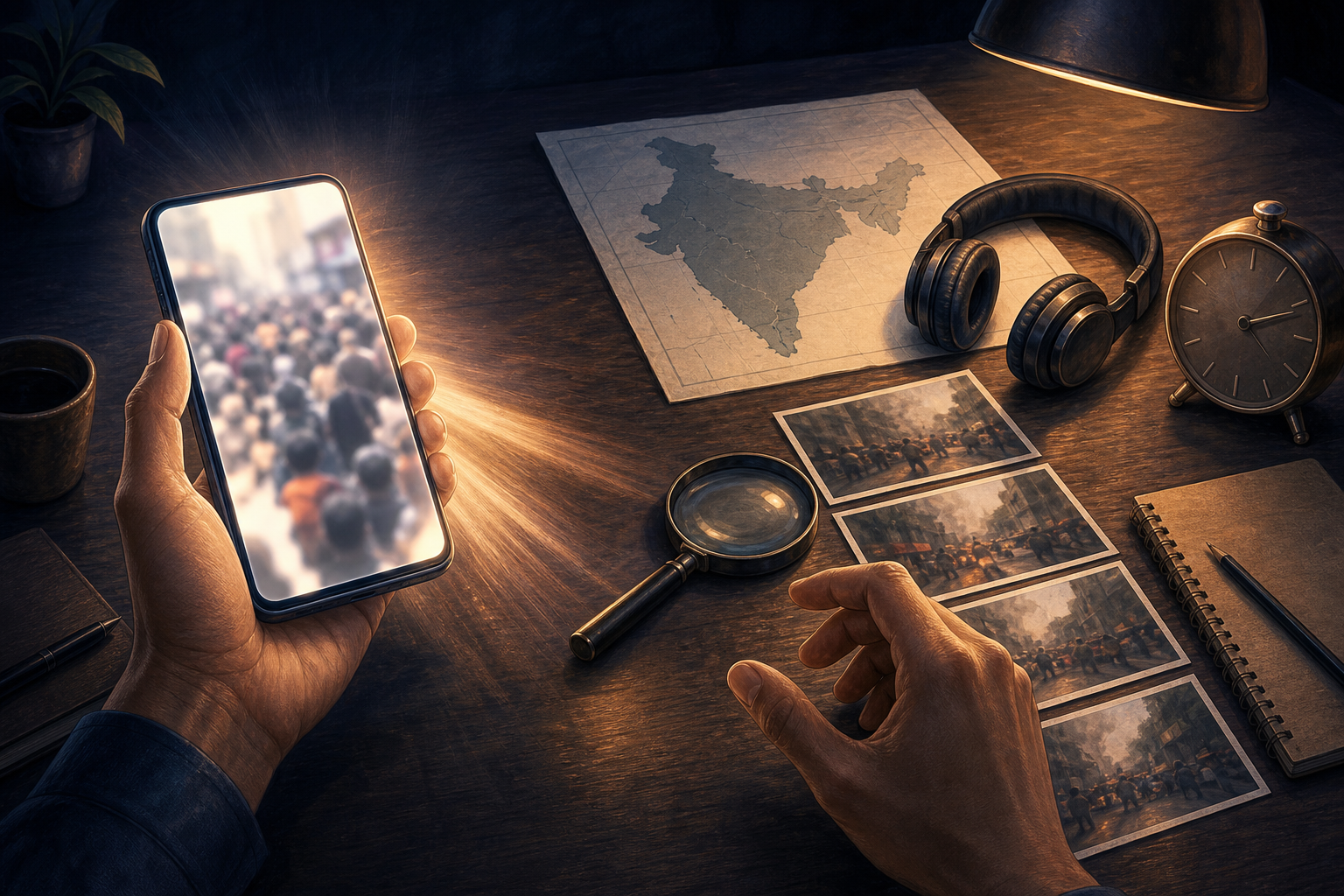 A person pauses over a smartphone showing a blurred crowd scene while comparing source frames with a magnifying lens and other verification tools.