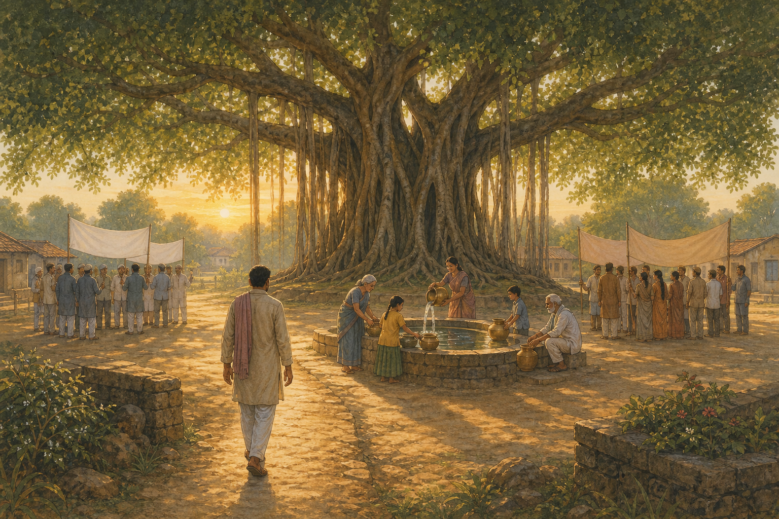 A large banyan tree shelters a village commons where a citizen approaches a shared water basin between two small, symbol-free political gatherings.