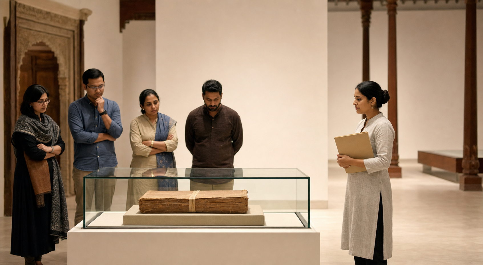Visitors and an archivist observe a protected manuscript bundle inside a glass conservation display case.