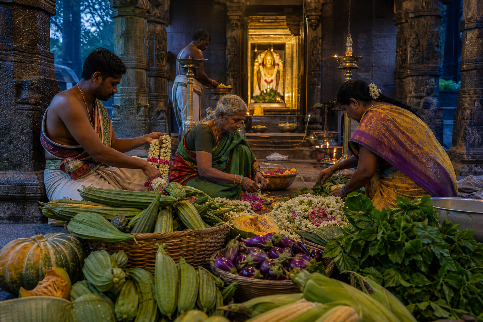 Temple workers and devotees arrange seasonal vegetables and flower garlands near a South Indian sanctum before worship.