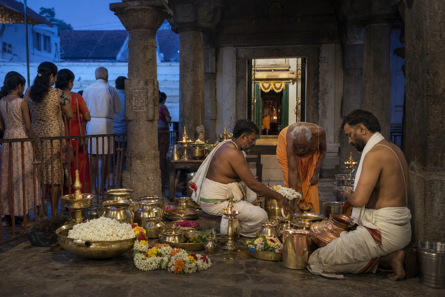 Priests prepare brass vessels, flowers, and lamps for morning worship while devotees wait in a temple hall.