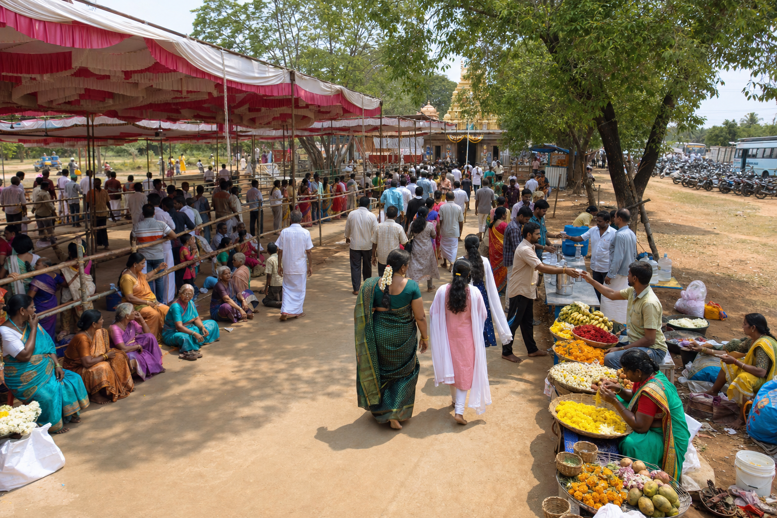 Pilgrims move through shaded queues and vendor areas at a busy regional temple jathra.