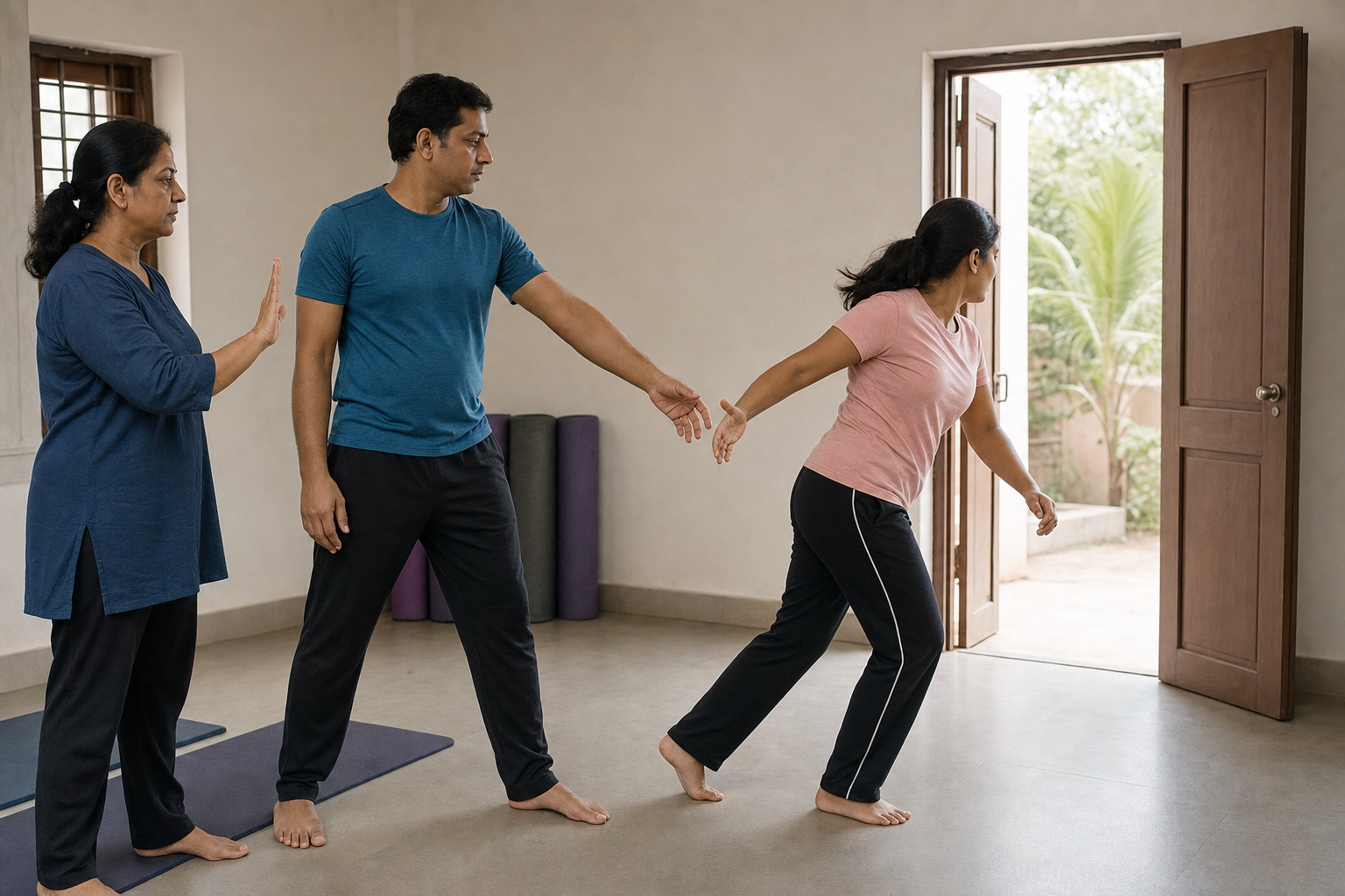A woman turns toward an open doorway after practising a supervised release from a partner's wrist hold.