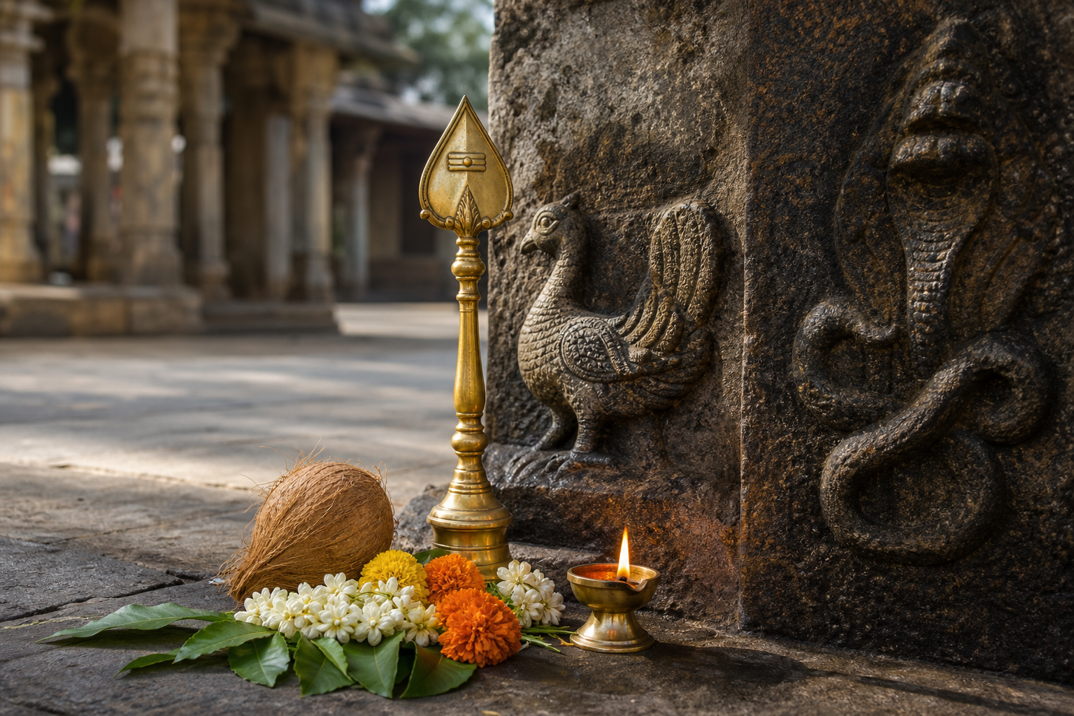 A brass vel, peacock motif, naga relief, flowers, coconut, and oil lamp are arranged in a temple courtyard.