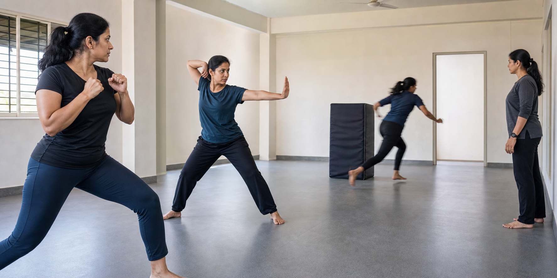 Women at different points in a training hall rehearse noticing danger, setting a boundary, protecting themselves, and moving toward an exit.