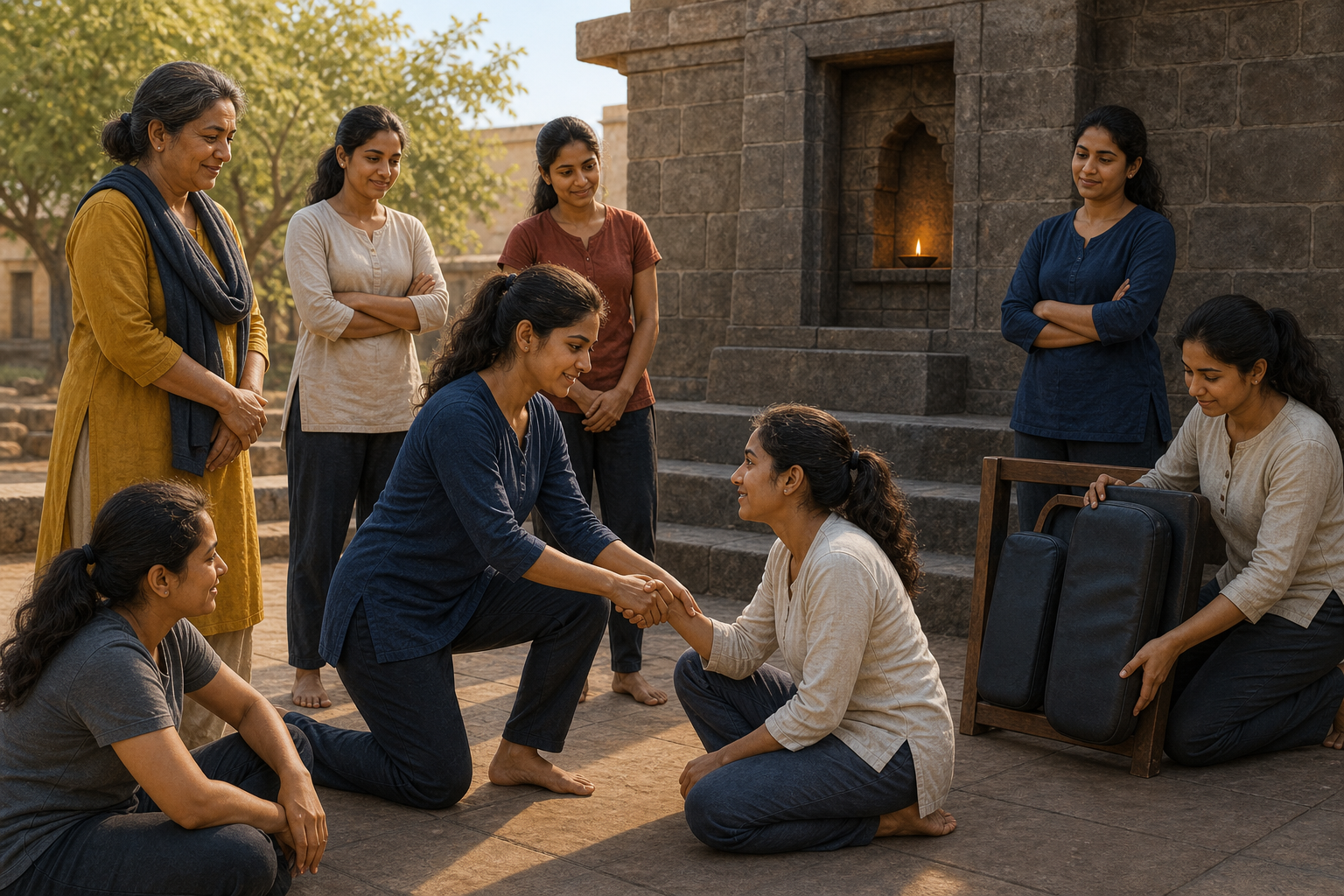 Women support one another after a safety class in a stone courtyard while an older female mentor observes.