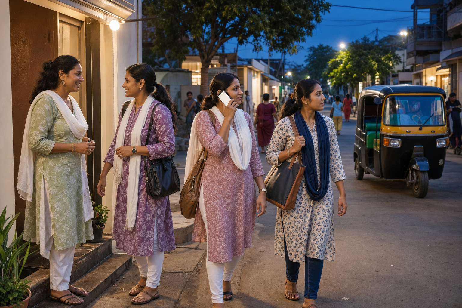 Three women use a buddy system, phone contact, and a well-lit pickup point while leaving a community venue in Jalgaon at dusk.