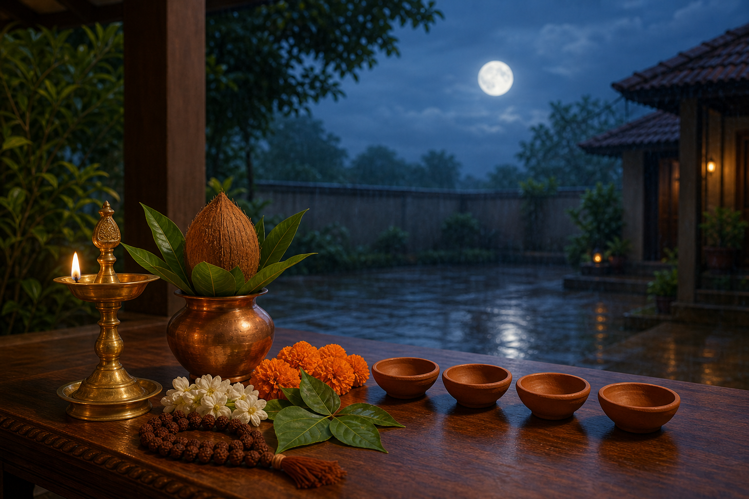 A late-monsoon home puja setting with a brass lamp, kalasha, flowers, bilva leaves, prayer beads, and four small clay lamps beneath a nearly full moon.