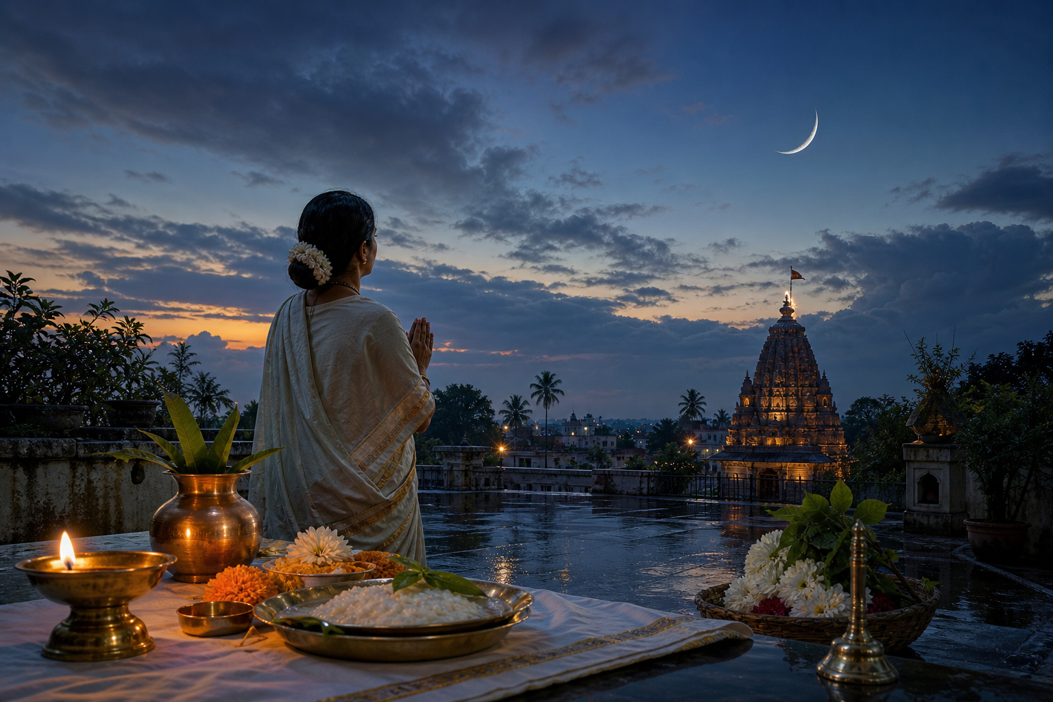 Devotee offering Chandra Darshan puja at twilight beneath a thin crescent moon near a lit Hindu temple