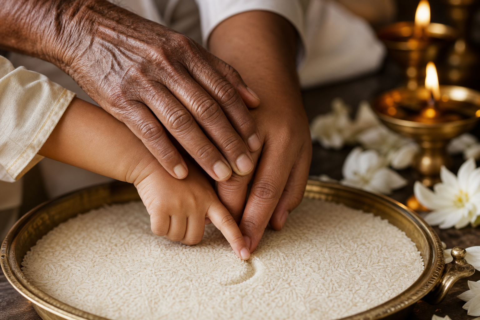 A teacher and parent gently guide a child's finger through rice in a brass tray during a learning initiation.