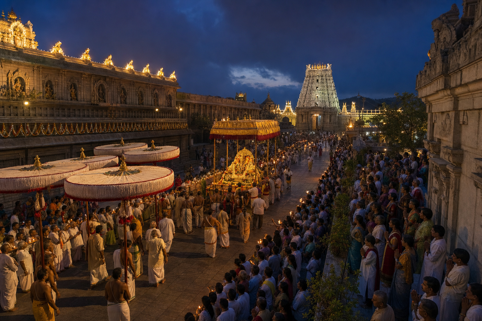 Pilgrims gather around a lamp-lit ceremonial procession near the Tirumala temple at blue hour.