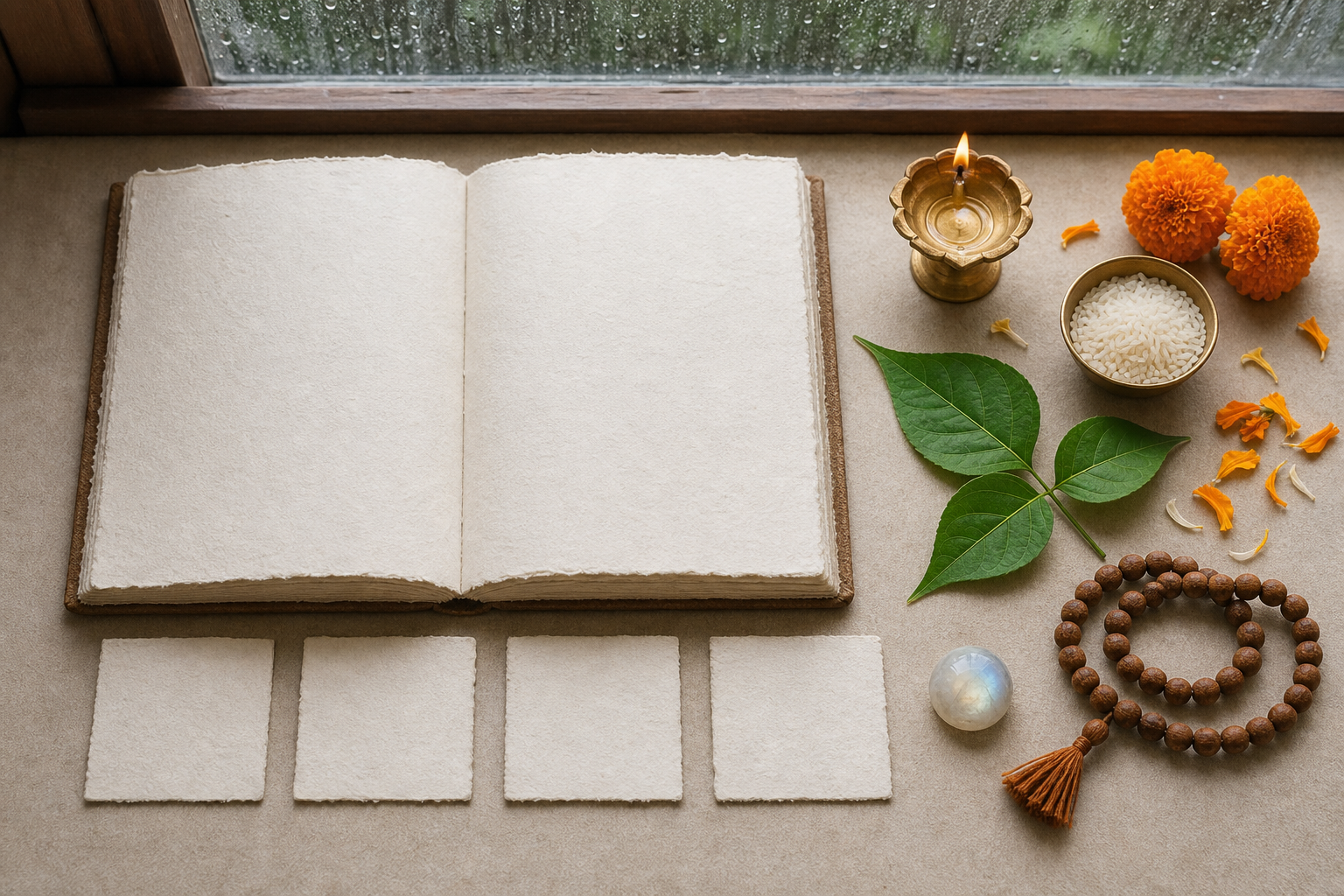 A blank planner with four paper tokens arranged beside a brass lamp, rice, bilva leaves, marigold petals, prayer beads, and a moonlike stone.