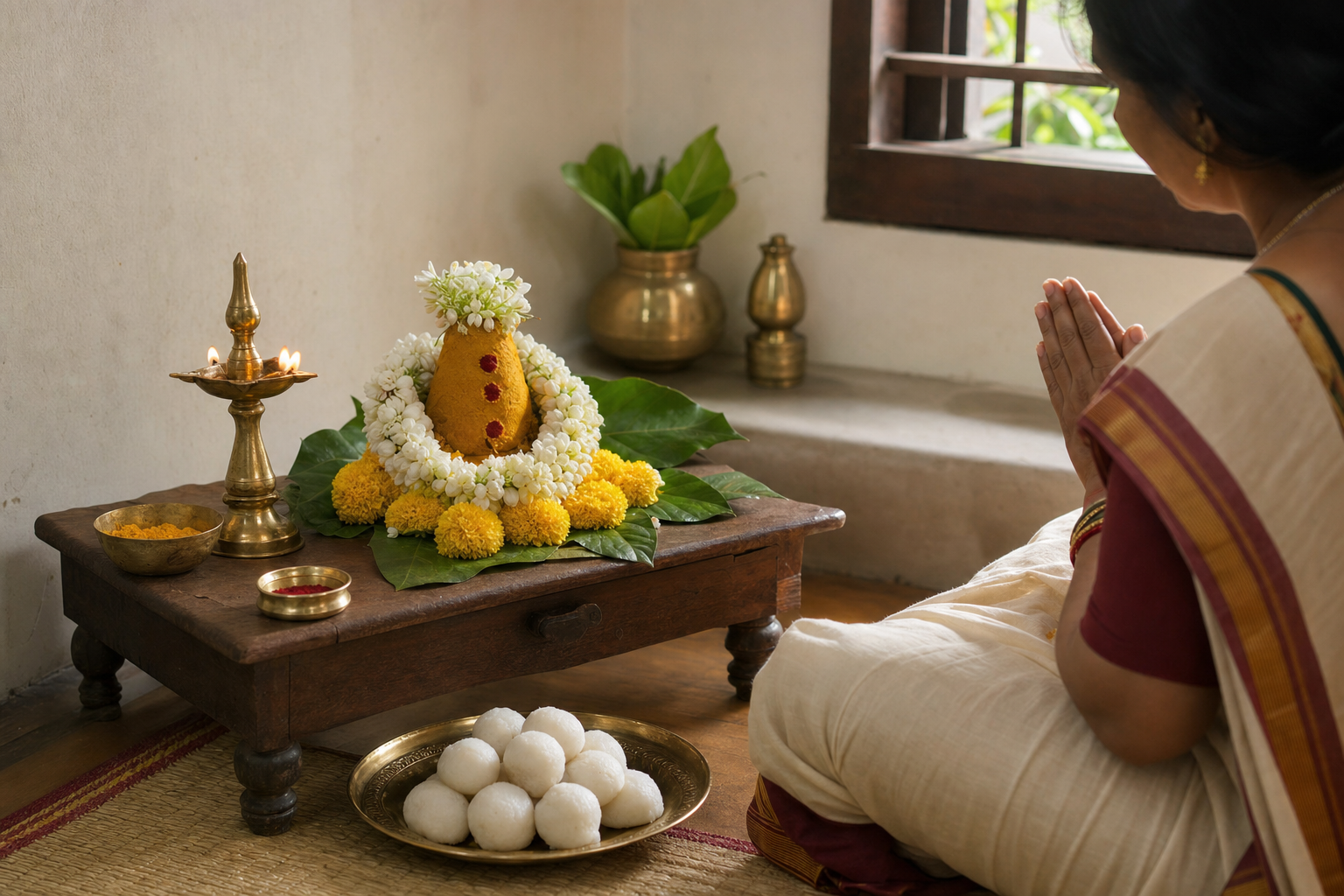 A woman prays before a flower-adorned turmeric representation of Goddess Gauri with an oil lamp, fruit, and steamed rice-flour offerings.