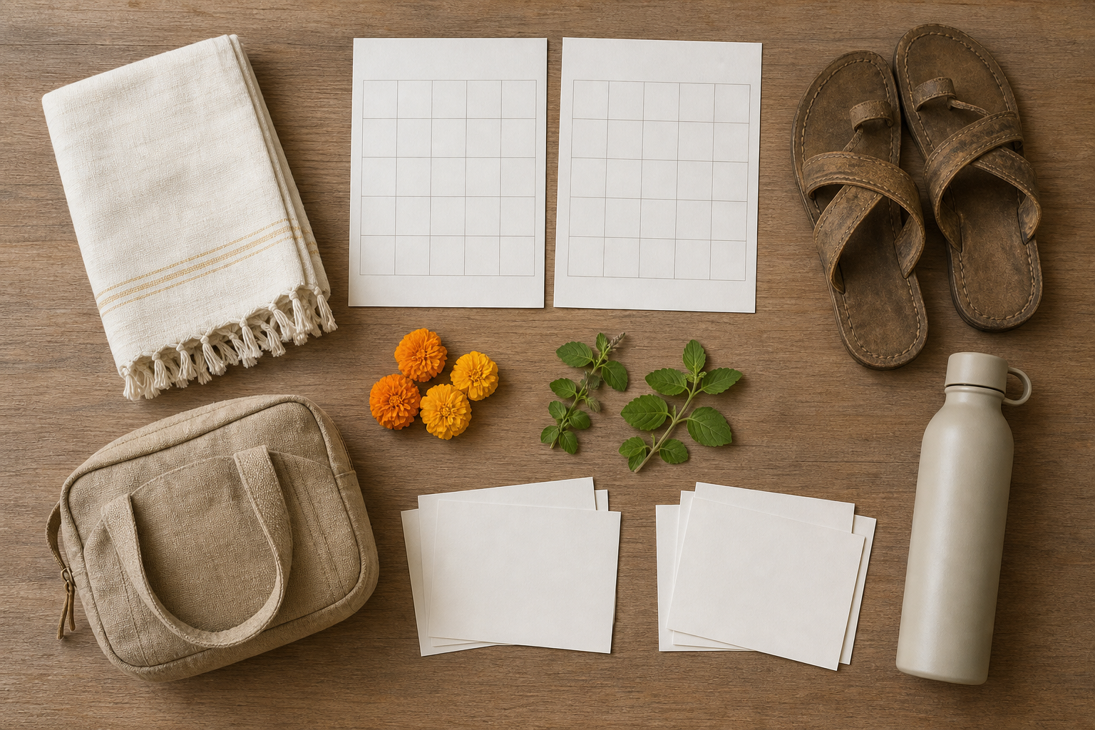 Pilgrimage essentials and two groups of blank planning cards are arranged on a wooden table.