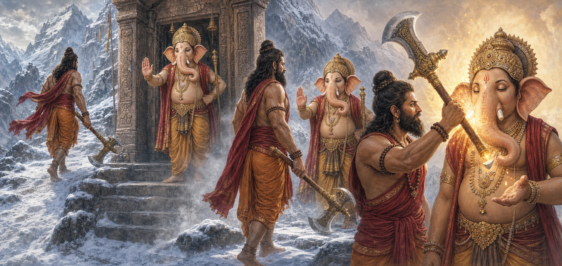 A continuous left-to-right scene shows Parashurama arriving at Kailasa, being stopped by Ganesha, confronting him, and breaking one tusk with Shiva's axe.