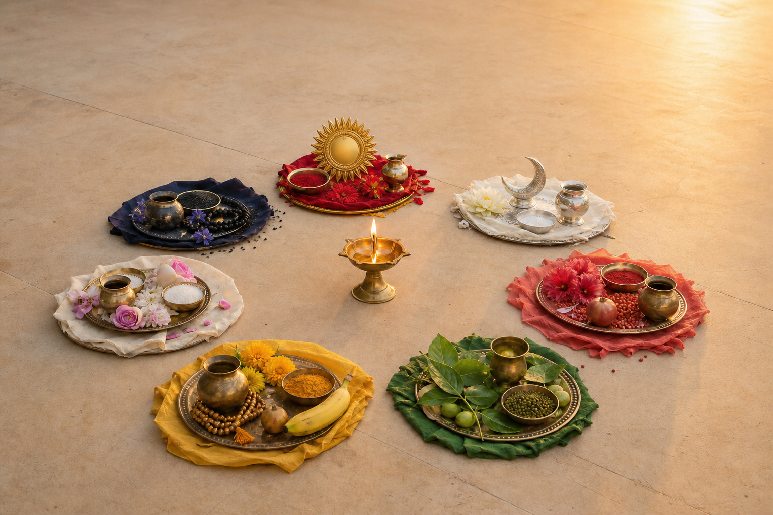 Seven color-coordinated devotional arrangements encircle a glowing brass oil lamp on a sandstone floor at dawn.