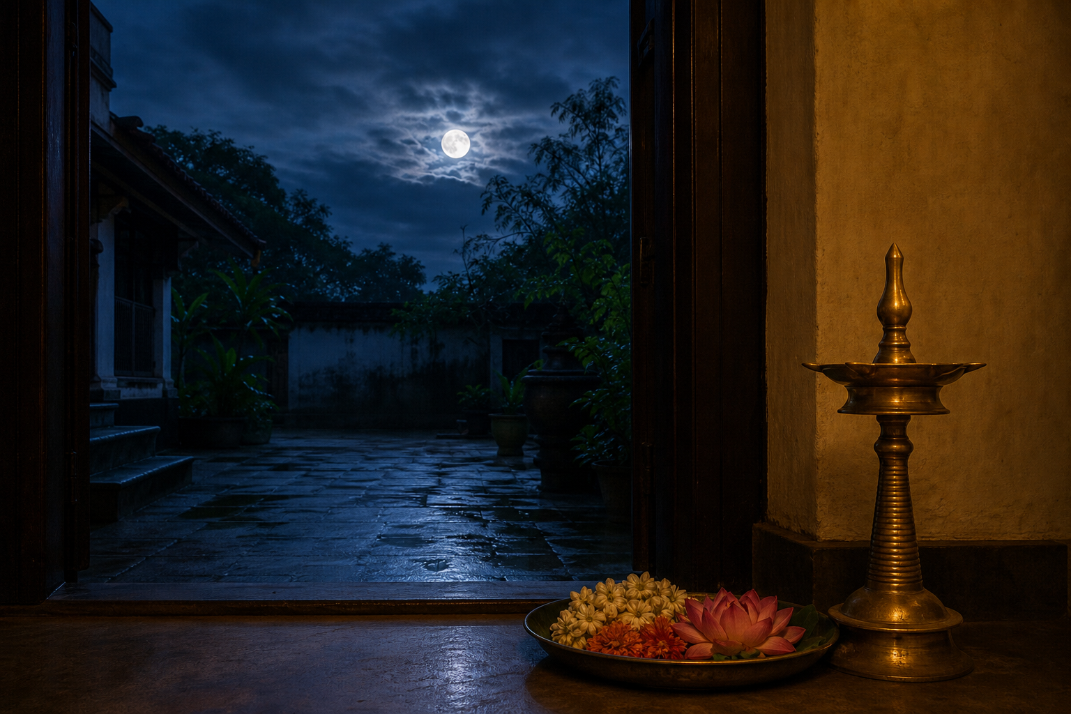 A nearly full moon above a rain-cooled courtyard, viewed past a doorway with a brass lamp and flower tray inside the home.