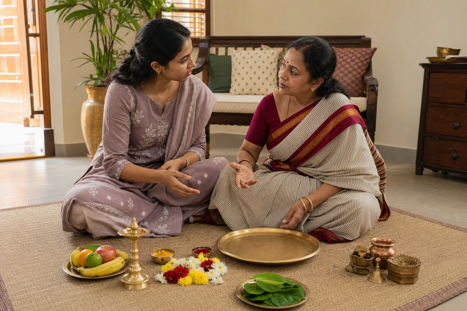 A younger woman consults an older woman while they sort flowers, fruit, a brass lamp, and other puja materials in a home.