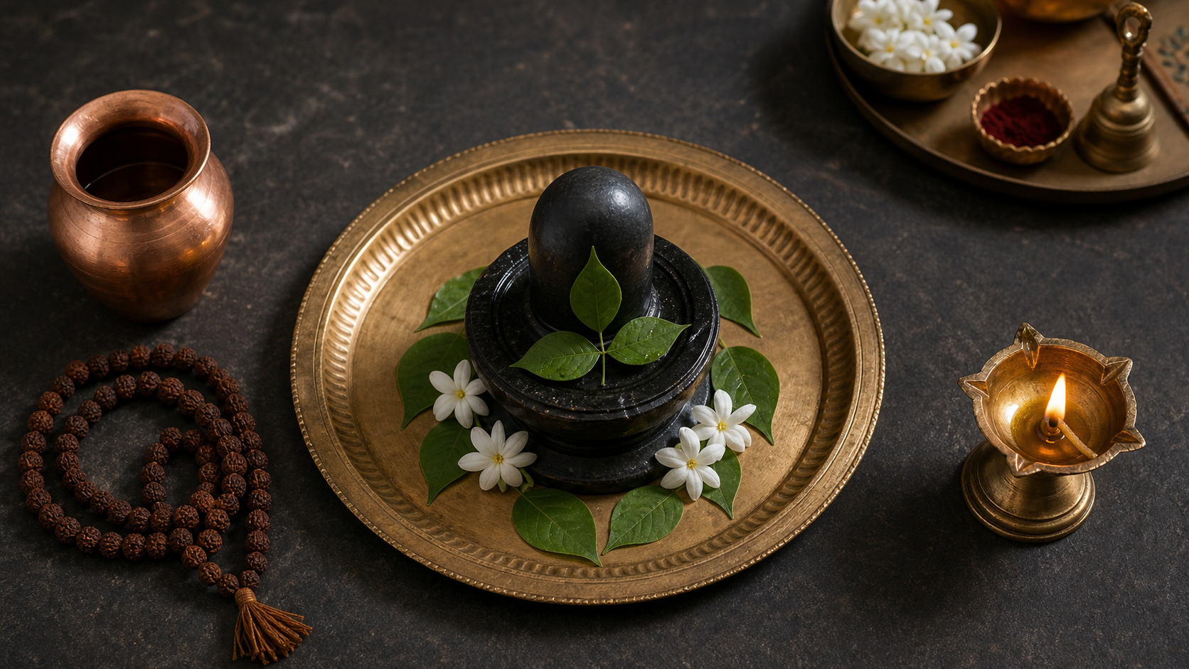 A simple Shiva linga with bilva leaves and white flowers forms the focal point of a home puja arrangement with a copper vessel, lamp, and prayer beads.
