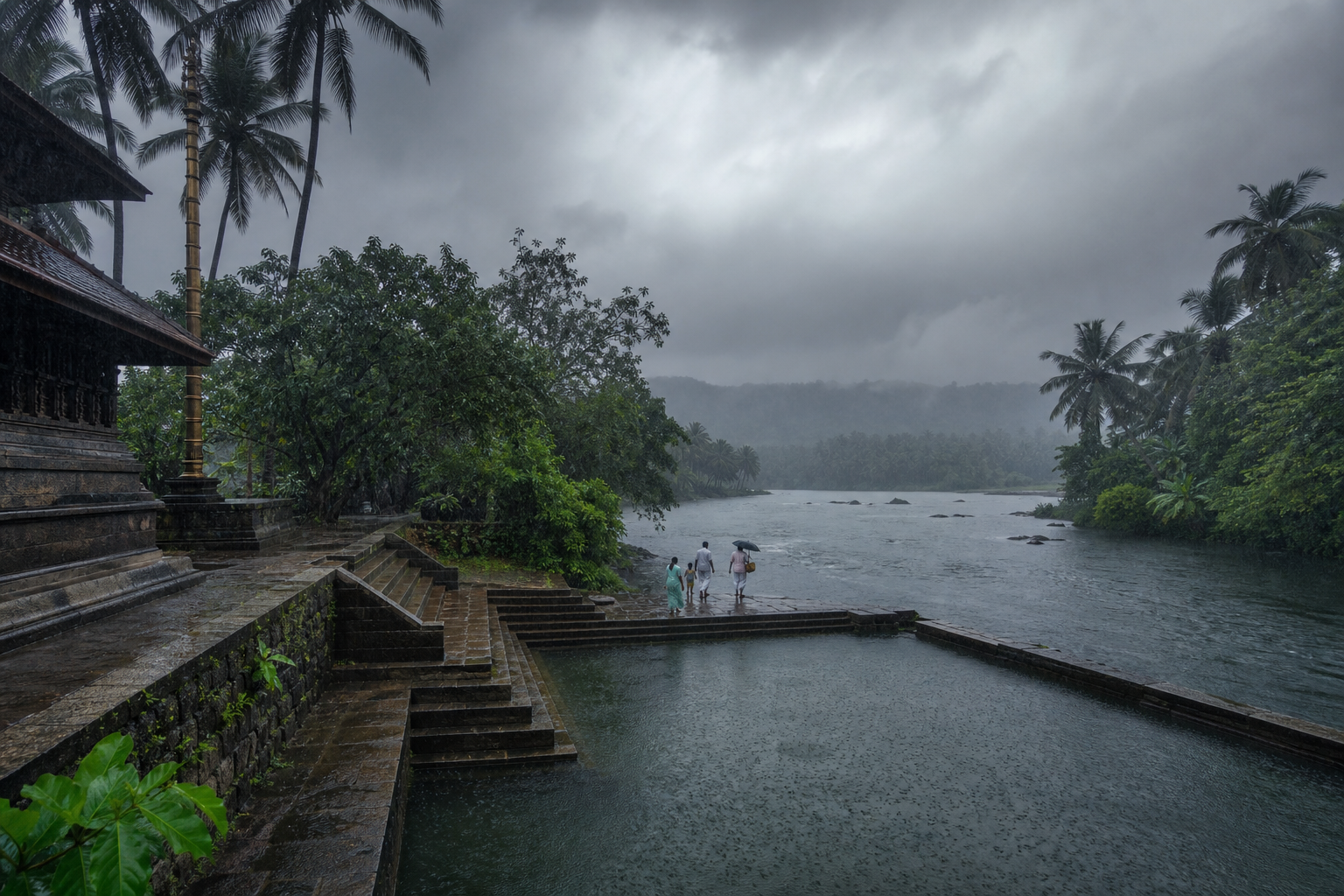 Rain clouds, coconut palms and rippling water surround bathing steps in Kerala during the monsoon season.